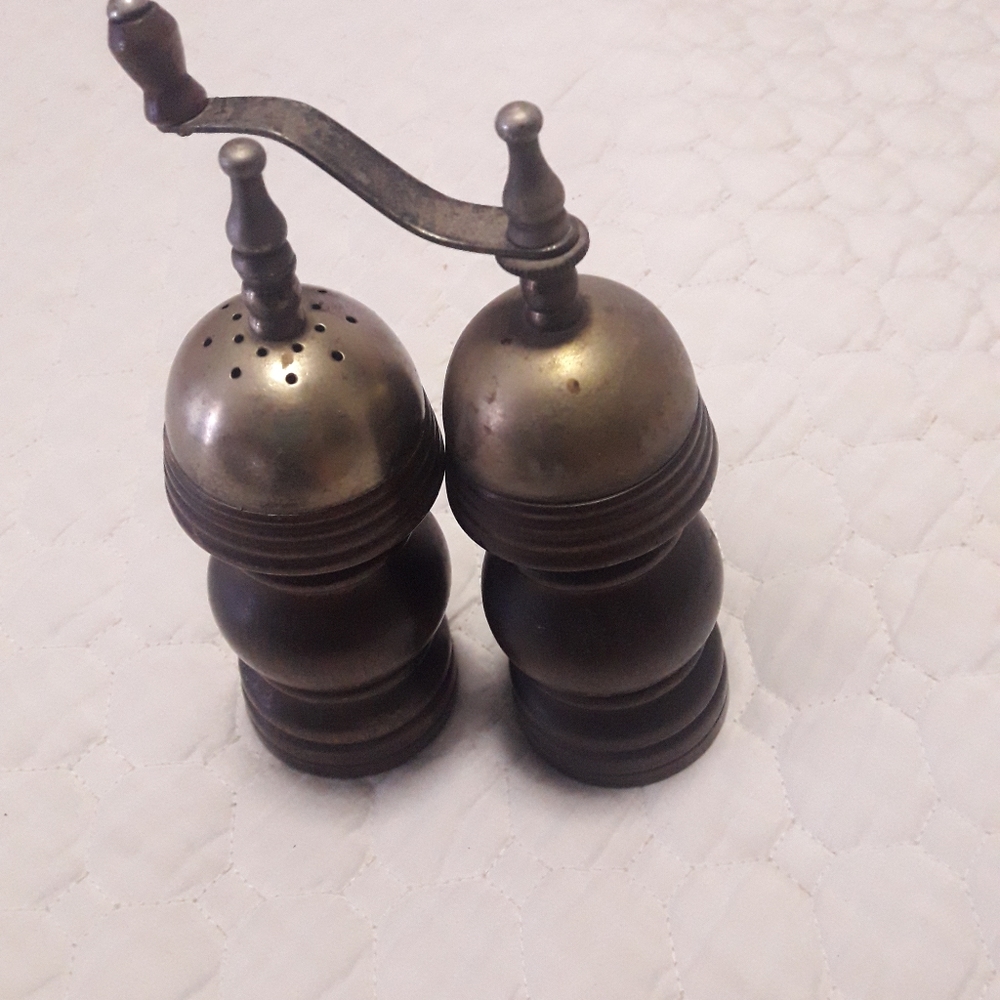 Vintage Wooden Brass Salt Shaker & Pepper Mill